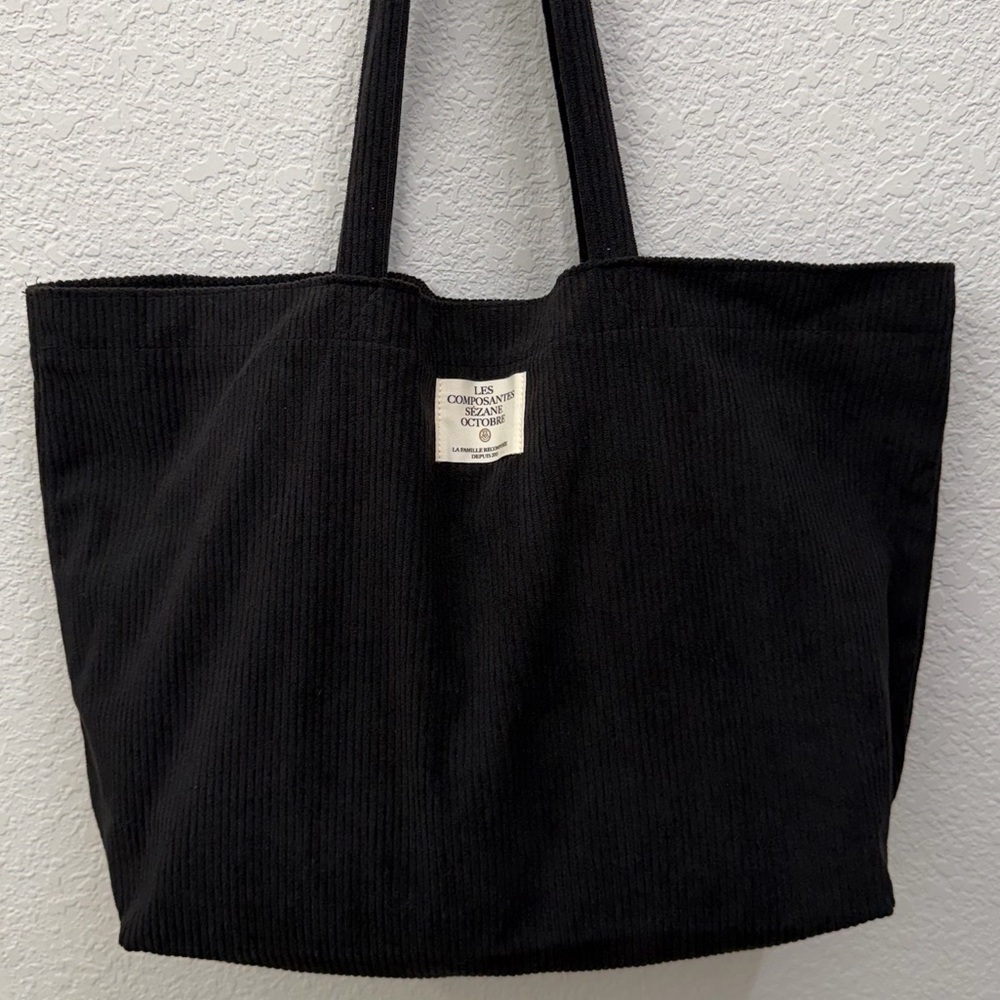 Sézane Black Fabric Tote Bag Corduroy Ribbed Slouchy French Chic Dual Straps EUC